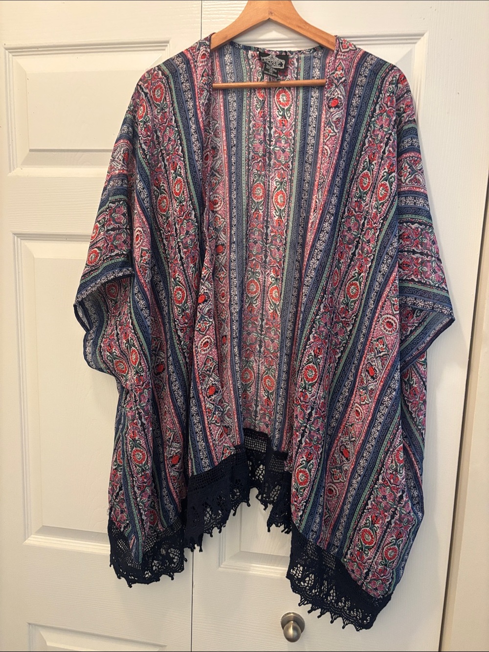 Angie Y2K  Boho Floral Fringe Open Cardigan Crochet Trim- Pink & Blue